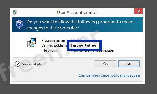 Screenshot where Sergey Petrov appears as the verified publisher in the UAC dialog